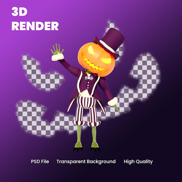 PSD illustrazione di posa d'ondeggiamento della zucca di halloween del carattere 3d