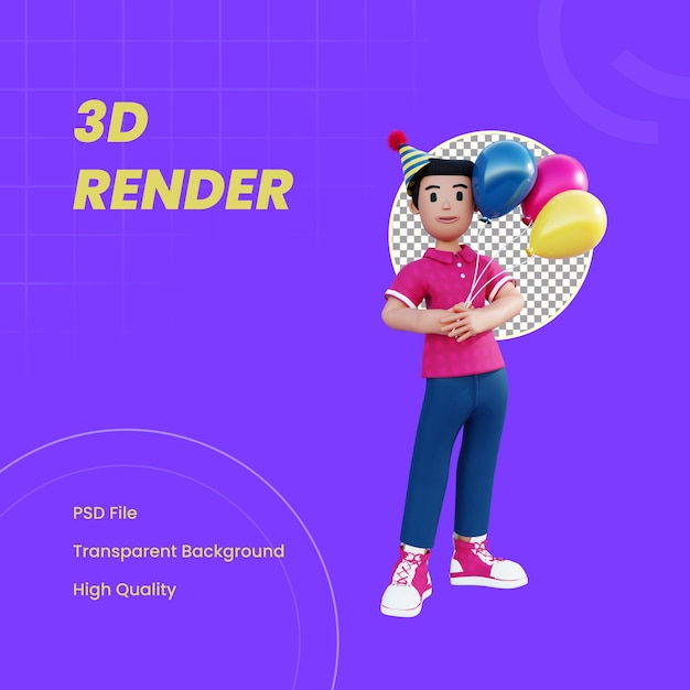 3d character holding balloon