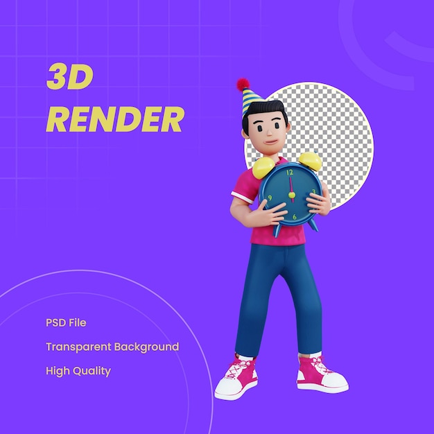 PSD 新年の目覚まし時計を保持している3dキャラクター