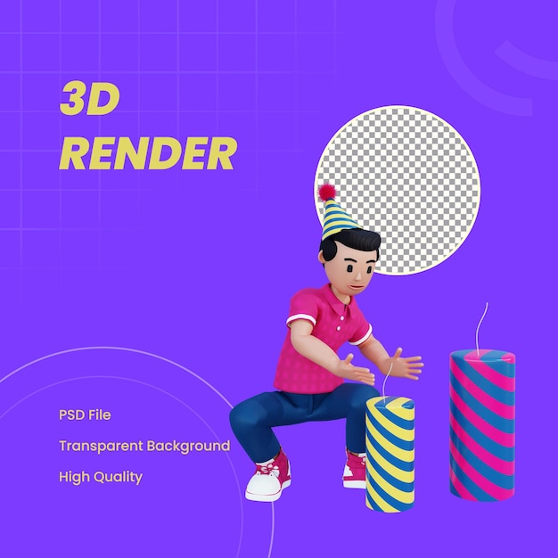 PSD 3dキャラクターが地上の爆竹に点火します