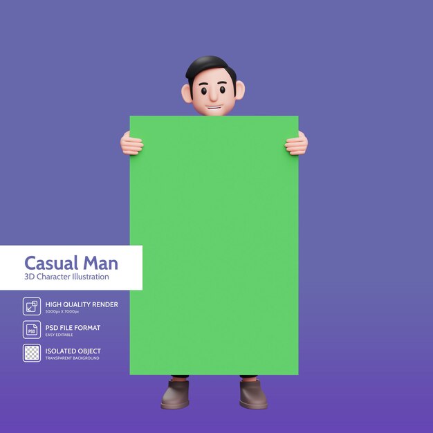 3d character illustration casual man peeking behind a big green screen only his head and hands can be seen