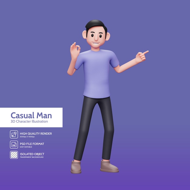 PSD 3d character illustration of casual man pointing finger aside at copy space, recommending something with left hand and right hand with ok finger