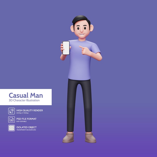 3d character illustration Casual man pointing to phone screen of his smartphone
