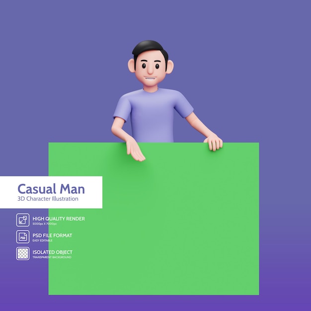 3dキャラクターイラスト大きな緑色のバナーの後ろに立って、右手で何かを見せているカジュアルな男