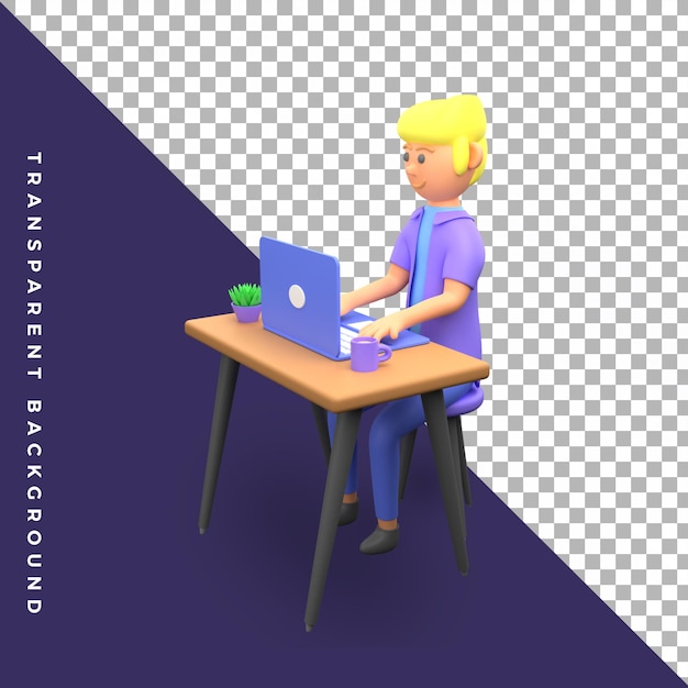 3d character illustration guy enjoy work use laptop side isolated object colorful assets