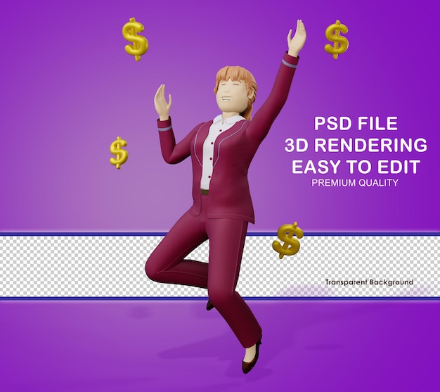L'illustrazione del personaggio 3d mostra la donna lavoratrice felice che ottiene soldi