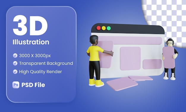 PSD 3d character illustration of ui ux team