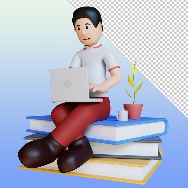 本の上に座ってラップトップで作業する3dキャラクターイラスト premium psd