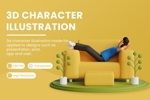 3d character is lazing on the chair premium psd