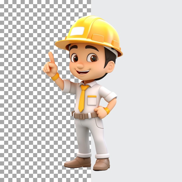 PSD 3dキャラクター ユニフォームと黄色いヘルメットを着た男性建設労働者