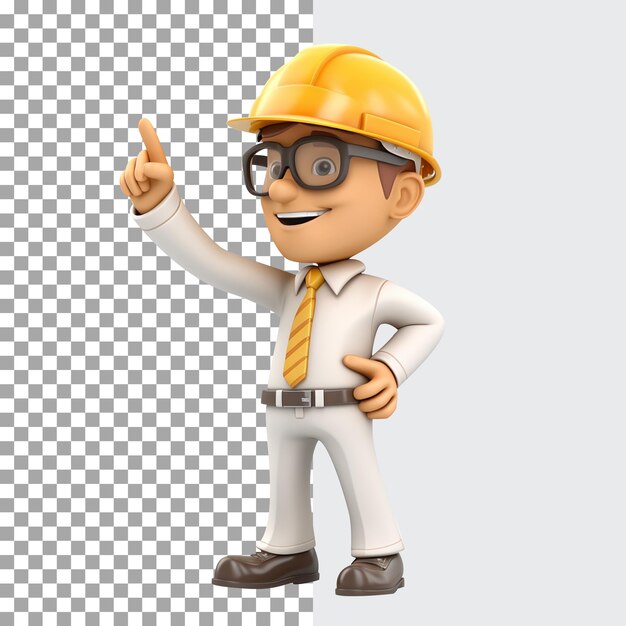 PSD 3d character male construction worker in uniform and yellow helmet