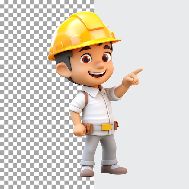 PSD 3d character male construction worker in uniform and yellow helmet