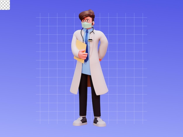 3d character male doctor illustration holding a book wearing a mask