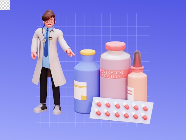 PSD 3d character male doctor illustration with medicine