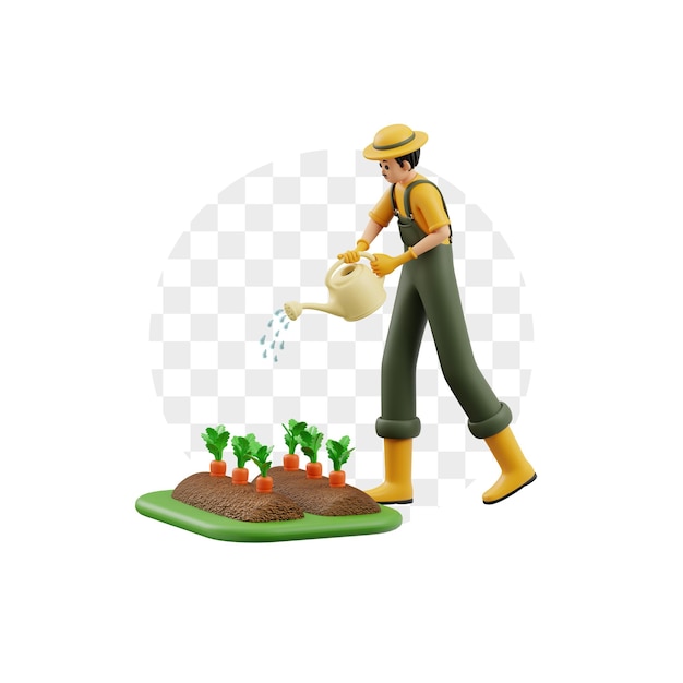 3D Character Male Farmer Watering Plant