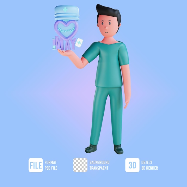 PSD 3d character male nurse illustration holding love may day icon