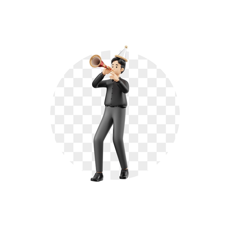 PSD 3d character man celebrating with trumpet