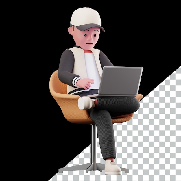 3D character man with a hat on sits in a chair with a laptop on his lap