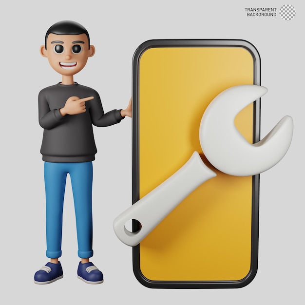 PSD 3d character of man with big smartphone