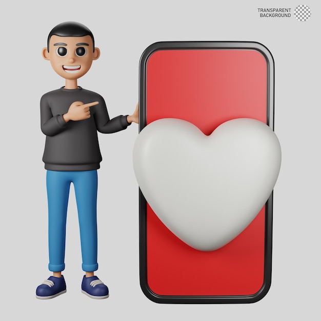 大きなスマートフォンを持つ男性の 3 d キャラクター