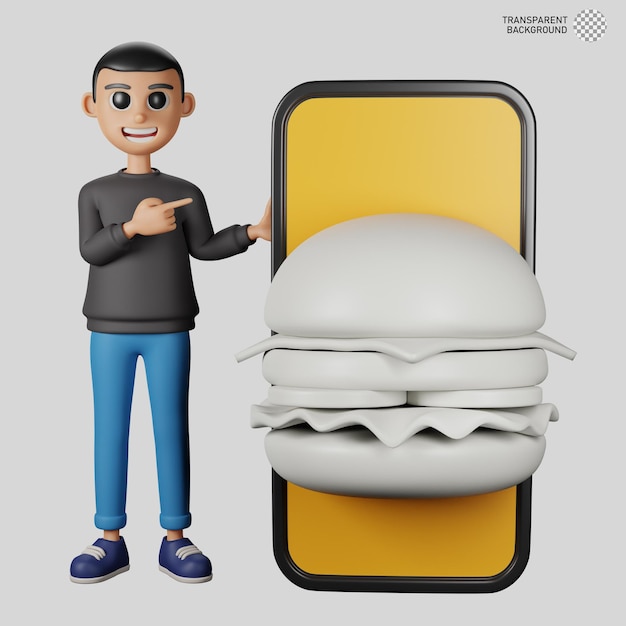 大きなスマートフォンを持つ男性の 3 d キャラクター