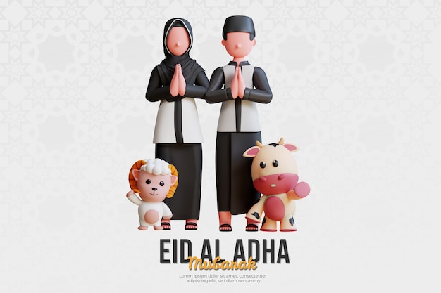 Coppia musulmana di personaggi 3d che celebra eid al adha con mascotte di capra e mucca