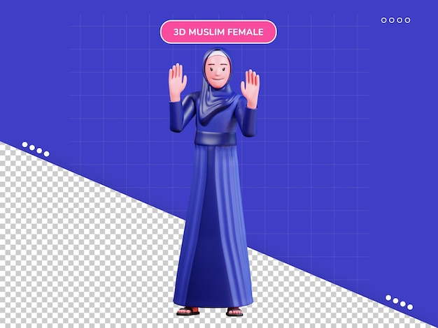 파란색 옷을 두 번 안녕 포즈와 3d 캐릭터 이슬람 여성