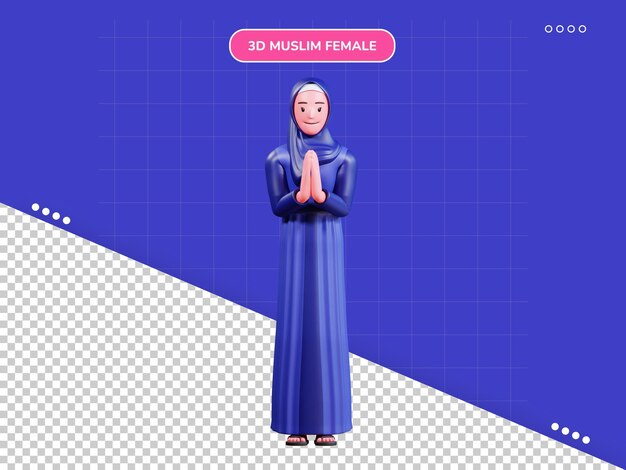 3d character muslim female with blue clothes namaste