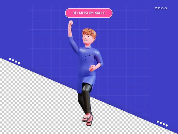 青い服を着た 3 d キャラクターのイスラム教徒の男性がジャンプします。