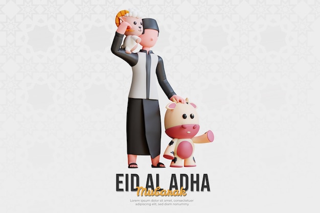 Personaggio 3d maschio musulmano con mascotte eid al adha