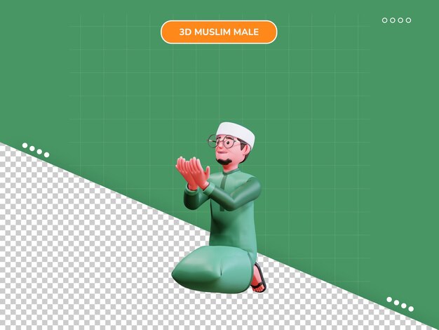 PSD 3d character muslim male with green clothes praying