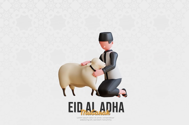イードアルアドハームバラクを祝うために素敵な羊と3dキャラクターのイスラム教徒の男性