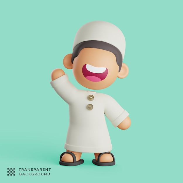 A 3D character of a Muslim wearing a traditional cap and robe joyfully waving his hand
