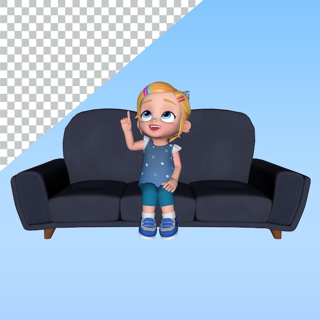 3Dキャラクターポーズ 図書館デザイン イラスト 3Dレンダリング ソファに座っている女の子のキャラクター