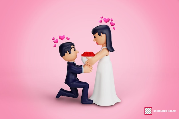 3dキャラクターのロマンチックな結婚式のカップルの瞬間