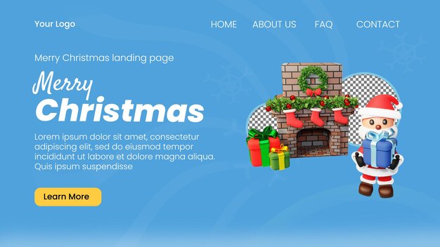 PSD 3d character santa and fireplace landing page template