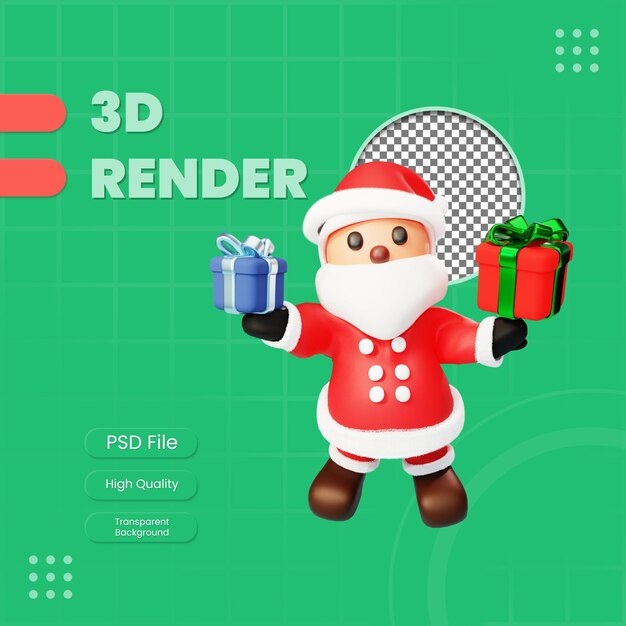 3d character santa holding gift box illustration