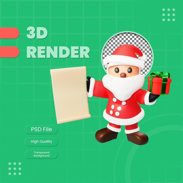 Personaggio 3d santa con carta e illustrazione regalo