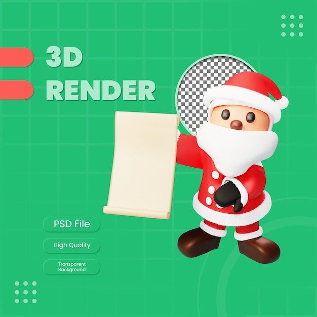 PSD 3d character santa showing announcement paper illustration