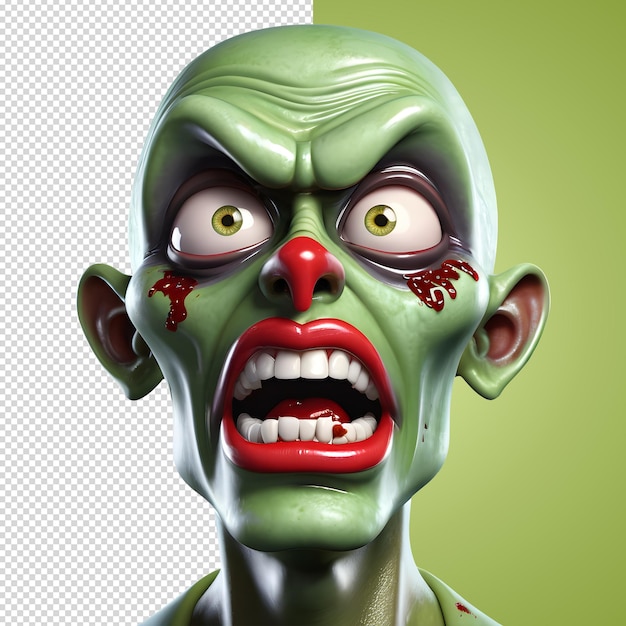 PSD 3d 캐릭터 무서운 좀비 얼굴 투명한 배경에서 3d 렌더링 스타일