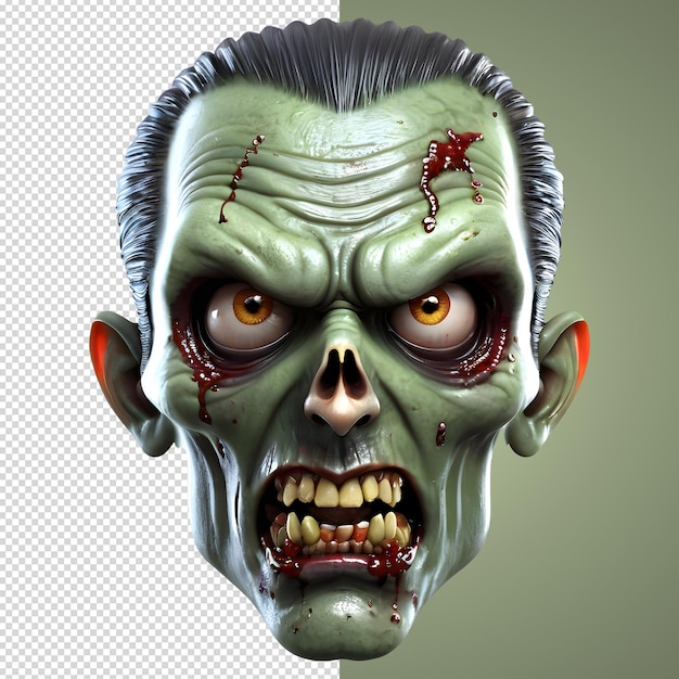 Personaggio 3d faccia spaventosa di zombie stile di rendering 3d su sfondo trasparente