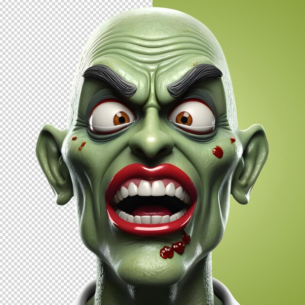 PSD personaggio 3d faccia spaventosa di zombie stile di rendering 3d su sfondo trasparente