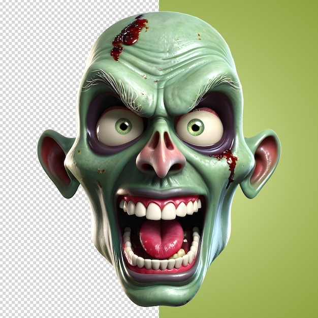 Personaggio 3d faccia spaventosa di zombie stile di rendering 3d su sfondo trasparente