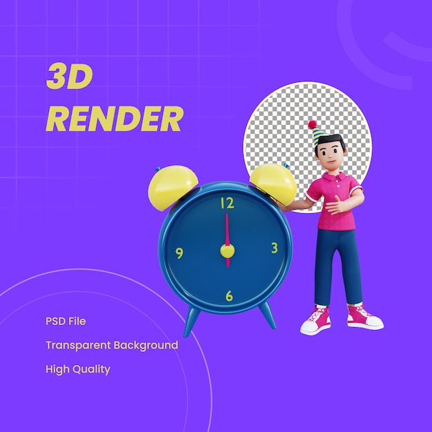 새해 베커 알람 시계를 보여주는 3d 캐릭터