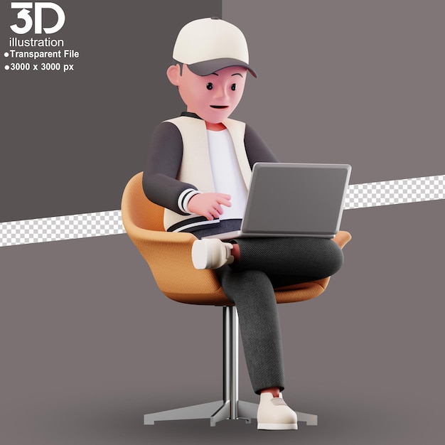 3 d キャラクターは座って、分離の背景 png スタイルにラップトップ 3 d レンダリング図を使用して