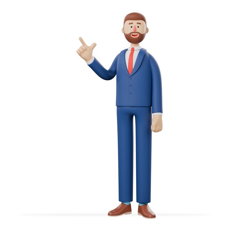 PSD 3d character smiling businessman point up at good deal or offer pointing finger pointer