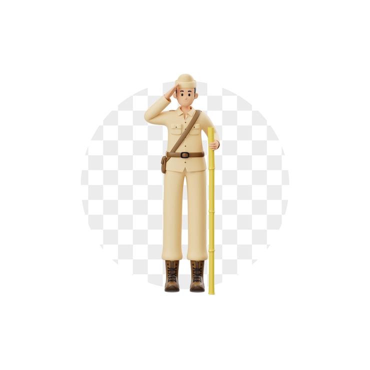 PSD 3d character soldier salutes while holding bamboo