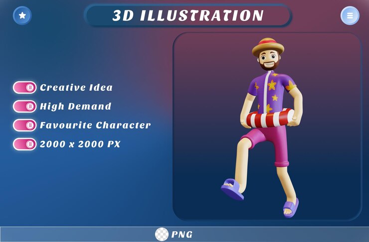 PSD 3d character summer getting ready to enter the beach