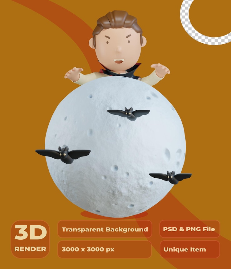 PSD 3d character vampire come out behind the moon