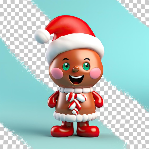 PSD 赤いサンタ帽子をかぶった 3 d キャラクター幸せなジンジャーブレッド面白いクリスマスの装飾甘いキャンディ冬の少年透明な背景にフロスティング面白い追加